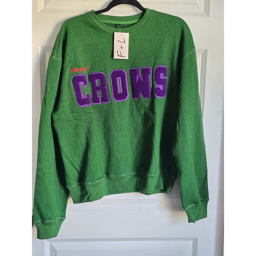 F+L Murder of Crows Green Purple Chenille Varsity Sweatshirt and Shorts Set S